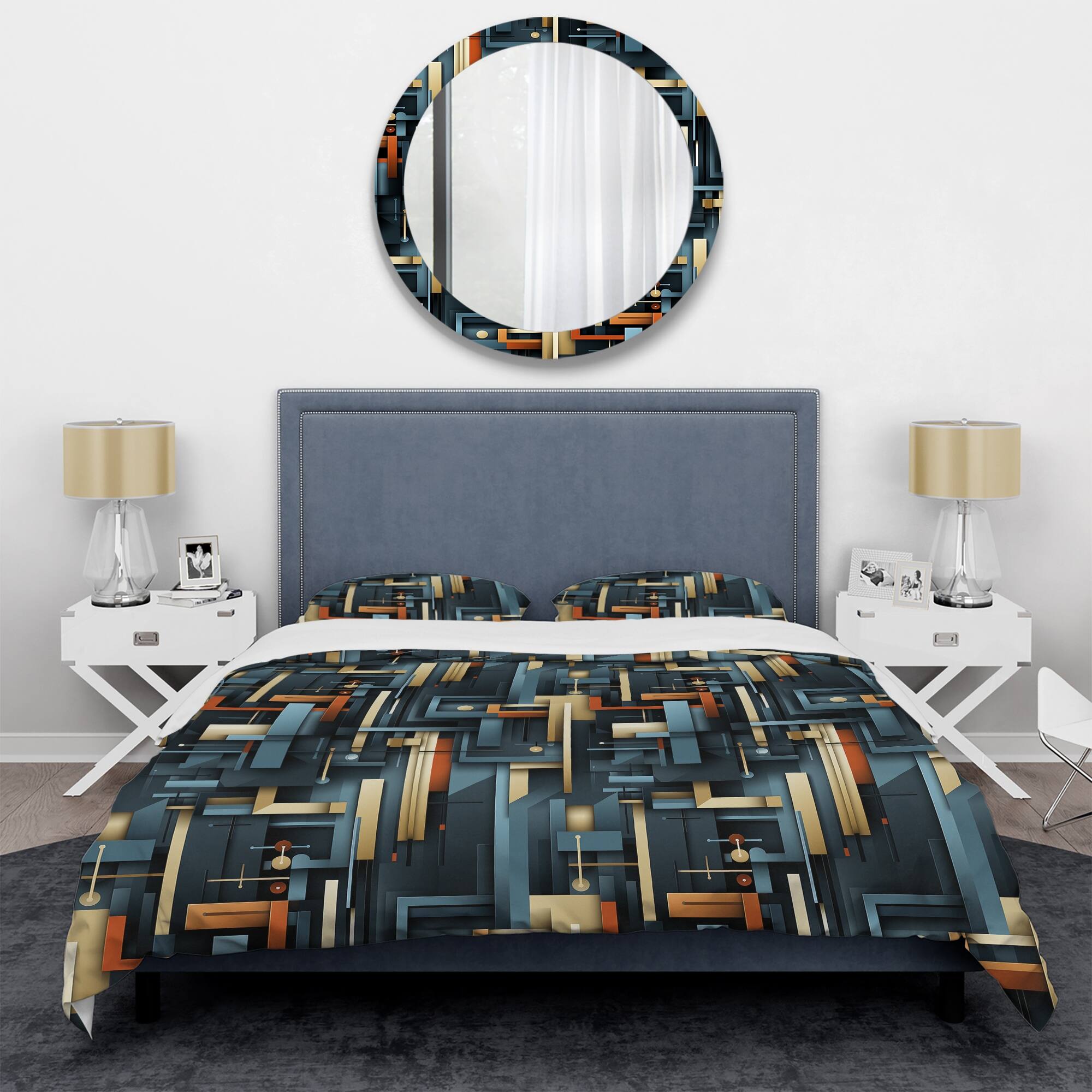 Designart "Teal Industrial Geometry Lines Melody" Gold Modern Bedding Set With Shams Bed Bath